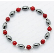 Bracelet de perles rondes corail rouge hématite