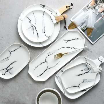 Microware Safe Marble Pattern Porcelain Rectangle Plate with Handle