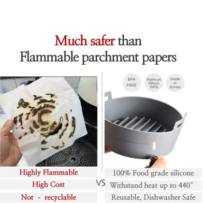Reusable Baking Circle Liners - Heat Resistant, Gray, Basket Design, Multipurpose, Non-Stick Collapsible Pan Silicone Air Fryer Liners