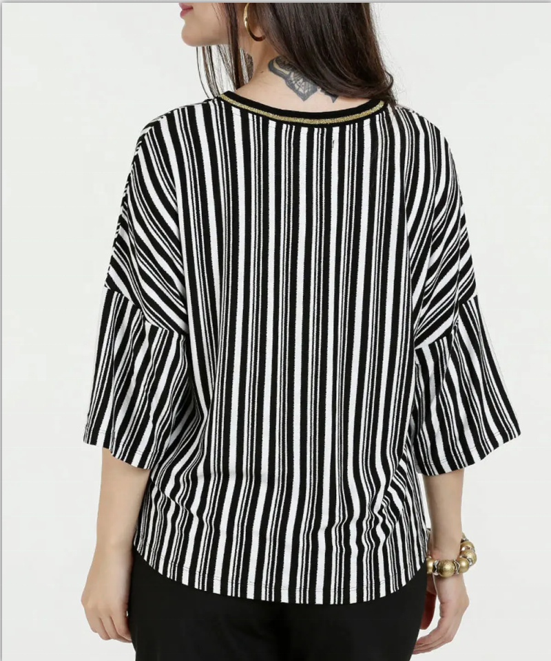 Colorful Striped Cotton Blend Polyester contrast collar Top