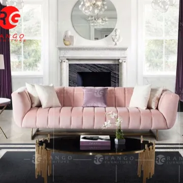 Modern R1 Navy Blue Velvet Sofa with Brown Velvet Set and Button Tufting