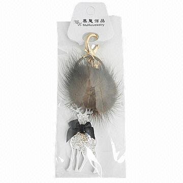 Customized metal key chain with rhinestone and fuzzy ball