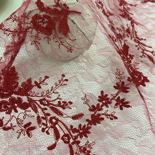 Burgundy Inflorescence Lace Mesh Embroidery Fabric