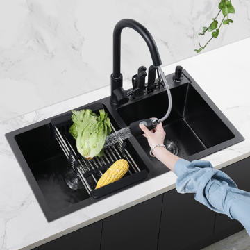 Modern Black Waterfall Double Bowl Kitchen Sink 304 Stainless Steel