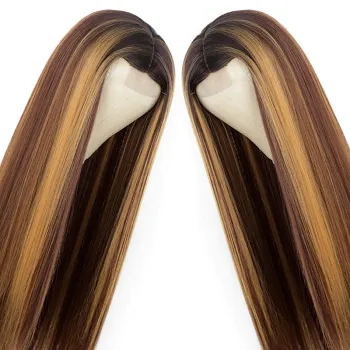 Highlights Blonde Wig Synthetic Long Straight Hair Middle Part Heat Resistant Full Cheap Synthetic Hair Wig With Lace Front