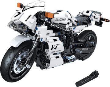 Flytec White Super Racing Motorcycle Model Building Blocks Kit: STEM Toy for Boys and Adults