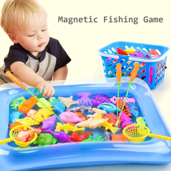Kids Fishing Toy with Inflatable Pool Net Fishing Rod Magnetic Fishing Game Set Funny Classic Outdoor Toys for Children Gift