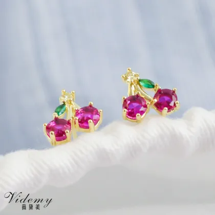 Vibrant Cherry Zircon Stud Earrings with Crystal Detail