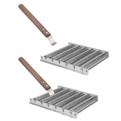 BBQ tool 6 section brat griller Metal Spatula with long wooden handle sausage roller rack stainless steel hot dog grill roller