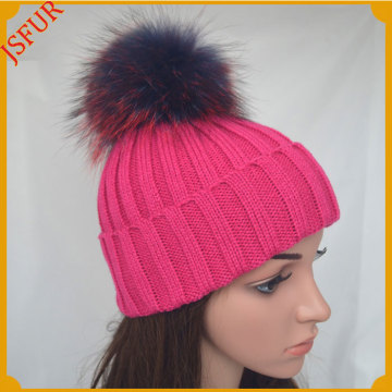 Jsfur Wholesale Knitted Beanie Hats With Real Raccoon Fur Pompom