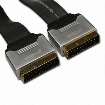 SCART Cable with PVC Outer Jacket and 24K Gold-plated in a Zinc Alloy Metal Cover Connector