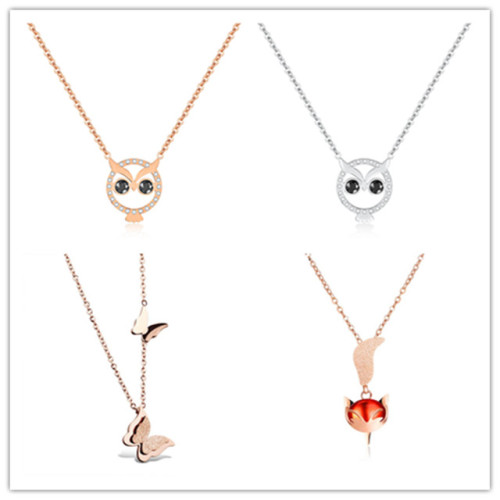 Women Owl Fox Butterfly Pendant Choker Necklace Stainless Steel CZ Crystal Charms Love Animal Jewelry for girls in Gift Box