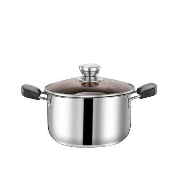 Stainless Steel Double Handle Soup Pot with Brown Glass Lid - 22cm Milk Pan for Business Gift