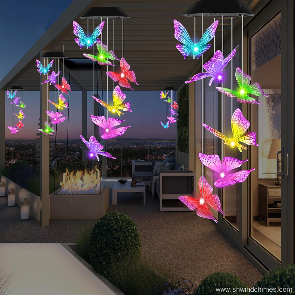 Purple Butterfly Solar Wind Chimes for Outdoor Use with Color Changing Feature