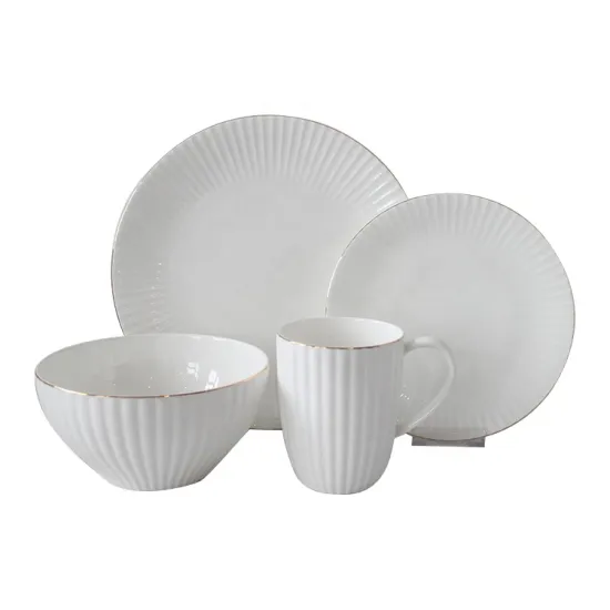 Embossed Ceramic 16PCS Dinnerware Set With Gold Rim