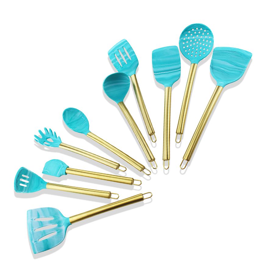 10pcs banhado a ouro alça cozinhar utensílios de silicone definido