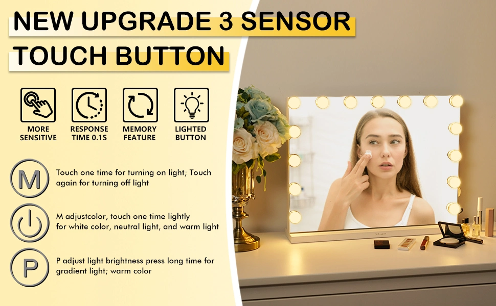 Miroir de maquillage éclairé Sally Hollywood avec ampoules LED à intensité variable pour miroir de courtoisie avec lumières et chambre à coucher ou fixé au mur