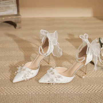 Wedding and Party High Heels: White Pointed Shoes with Thin Heel, Hollow Design, Size 43, Bridesmaid and Pearl Decorated Women's Footwear