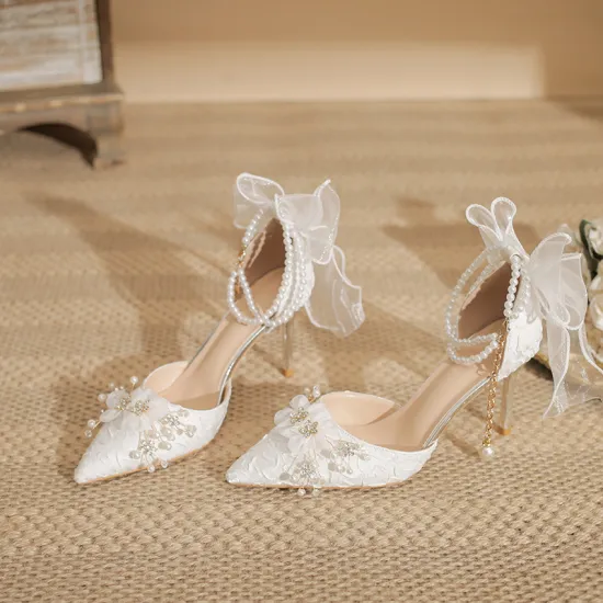 Wedding and Party High Heels: White Pointed Shoes with Thin Heel, Hollow Design, Size 43, Bridesmaid and Pearl Decorated Women's Footwear