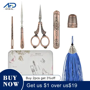 7pcs/sets Vintage Scissor Sewing Tool Set Embroidery Scissor Needle Case Needle Bottle Sewing Thimble Antique Craft Sewing Tool