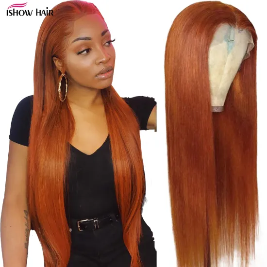 Ishow Ginger Straight Lace Front Wig Orange Colored Human Hair Wigs PrePlucked HD Transparent Lace Front Wig Brazilian Hair Wig