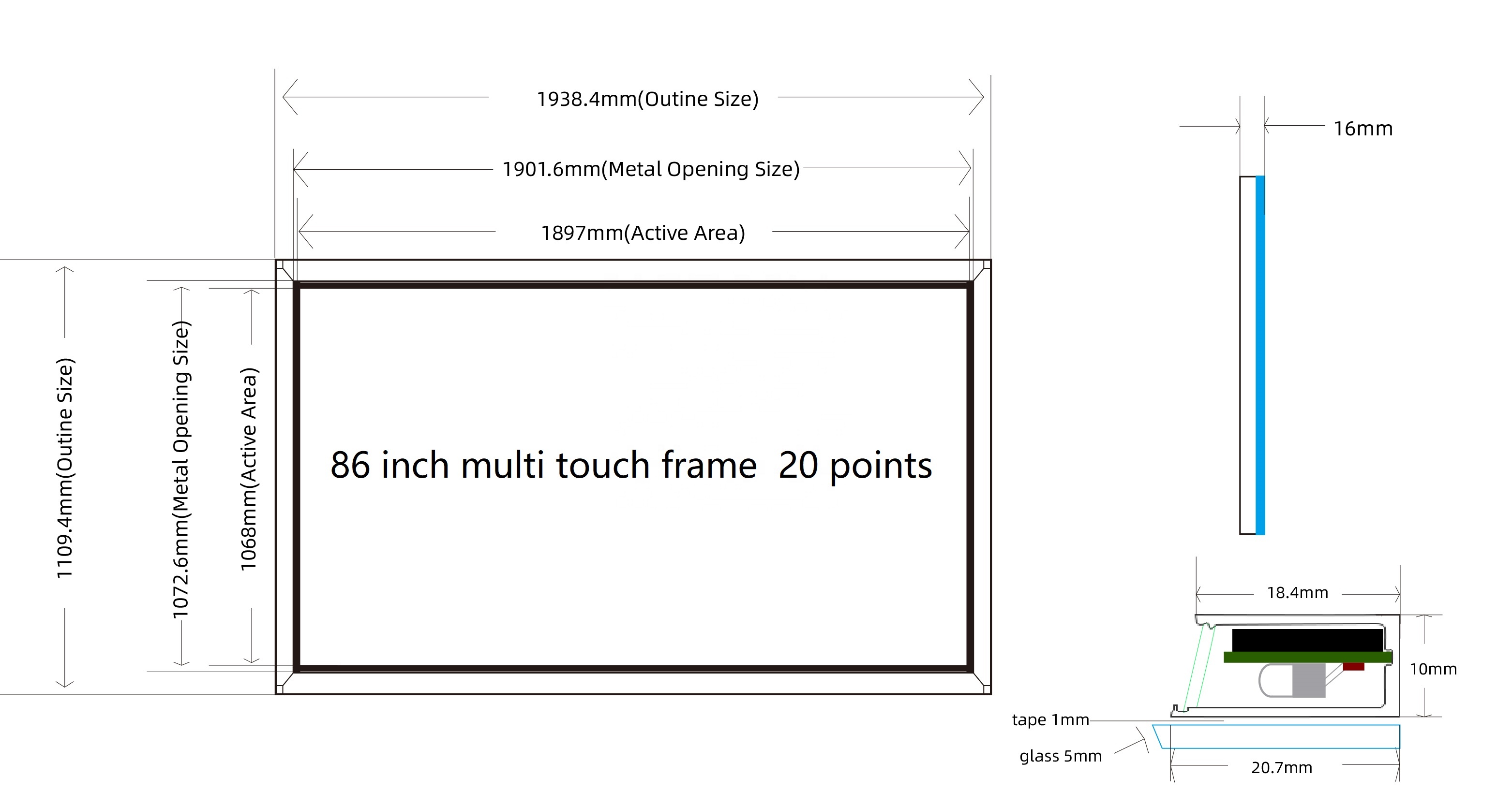 86 inch customized large size 20 touch points multi infrared touch frame6