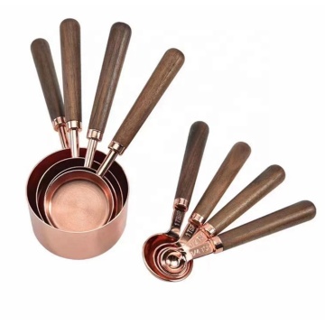 8-piece High-Quality Wooden-Handled Rose Gold Stainless Steel Baking Measuring Cup and Spoon Set