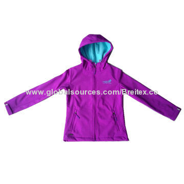 Girls' soft shell jacket with protective flap, front nylon zipper reversed/print and pocket on front