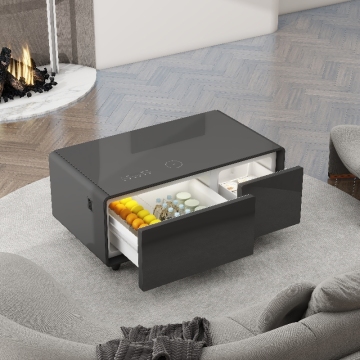 Muebles de la sala de estar moderna: mesa de café inteligente con mini refrigerador, cajón y carga inalámbrica