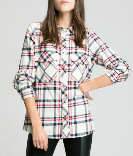 Women's 2 pockets with flap plaid flannel shirt