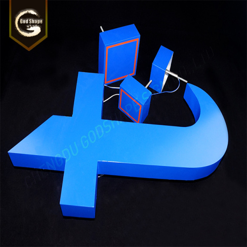 Blauwe toonbankwinkelnaam verlichte 3D-verlichte letters