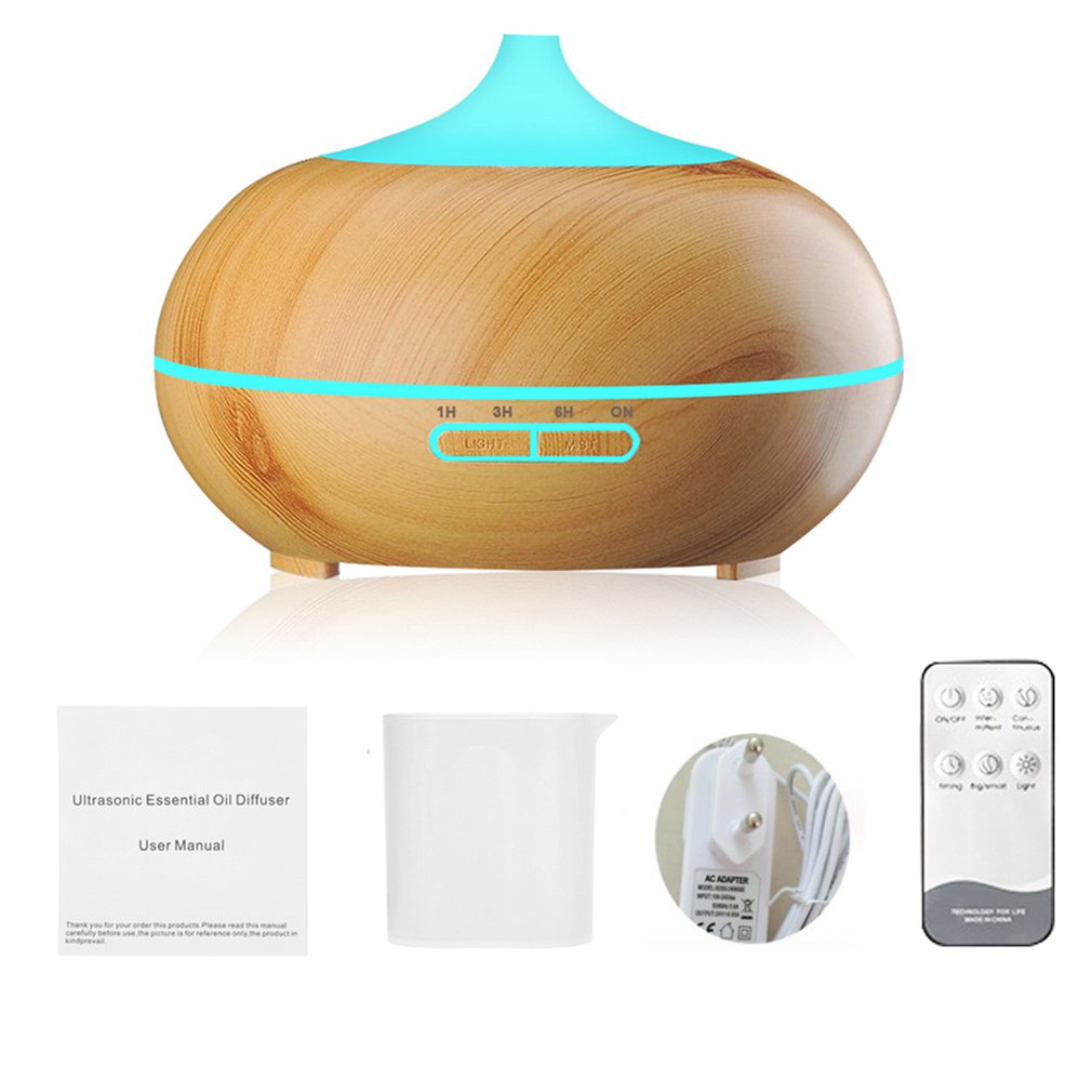 550ml Remote Control Ultrasonic Air Humidifier Aroma Essential Oil Diffuser with Wood Grain 7 Color Changing LED Lights