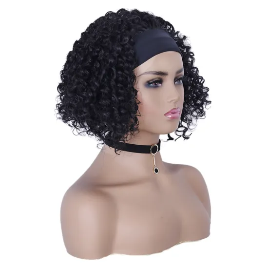 Wholesale price High quality  Natural black color Short Curly synthetic headband Bob wigs for black women