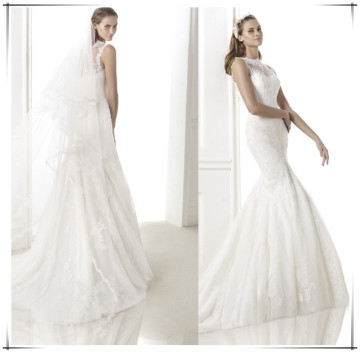 2015 Brudekjole Fashionable Fish Style Lace Robe Dentelle Applqied Wedding Gowns with Sheer Back