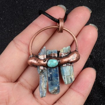 Blue Kyanite Pillar(3PCS) Retro Red Copper Stone Pendant