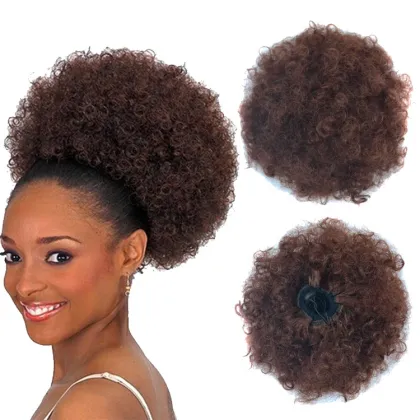 Wholesale Kinky Curly Clip afro hair bun Synthetic Hair pieces Chignon Fluffy Wig Synthetic Afro Curly Puff Hair Buns