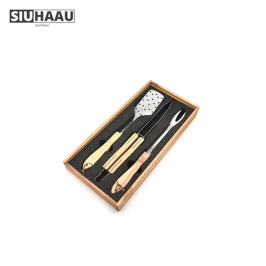 Hot Sale 3 Piece Stainless Steel BBQ Accessories Grilling Tool Set With Wooden Box