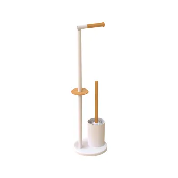 White and Black Free-Standing Toilet Brush Set with Paper Roll Holder and Phone Shelf