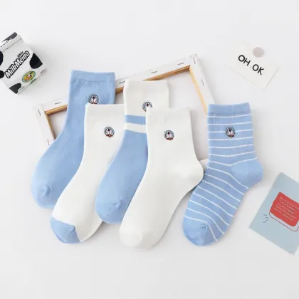 Cartoon-Inspired Blue and White Cat Socks