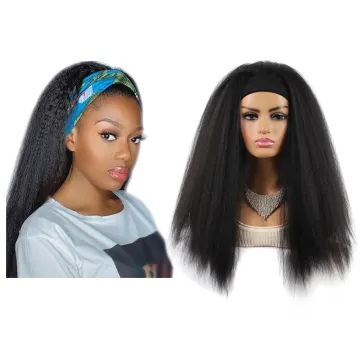 Wholesale Adjustable headband natural hair black kinky yaki Long straight cheap Synthetic hair wigs headband wig for black women