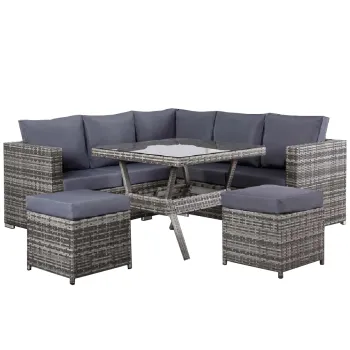 Outdoor Garden Rattan Wicker Sectional Sofa Set - 6 Piece Patio Dining and Conversation Set with Cushions