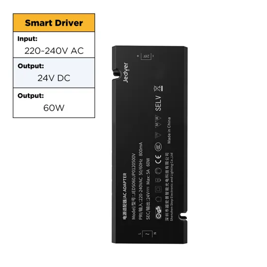 220-240V AC to 24V DC 60W LED Driver with Advanced Protection Features: OVP, OCP, SCP, OTP