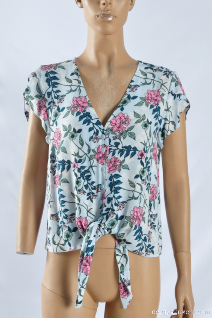 Kurzarm-Bluse mit V-Ausschnitt und Rayon-Print für Frauen