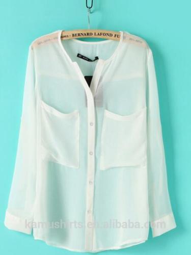 Banded Collar Fashion Casual Chiffon Shirts Blouse for Ladies