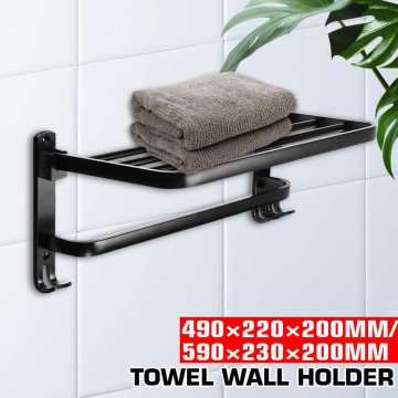 Xueqin 490/590mm Alumimum Black Foldable Towel Holder Towel Shelf Wall Mounted Bathroom Towel Rack Storage Hanger Shelf