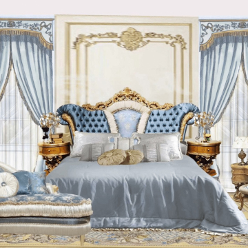 High Quality European Navy Wooden Bedroom Set with Blue Leather Headboard
