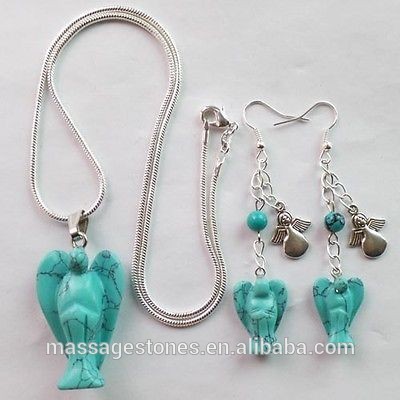 semiprecious stone dangle necklace and earring sets turquose howlite angel