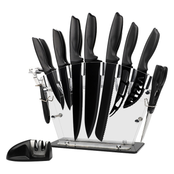 Super Sharp Black Kitchen Knife Set with Sharpener & Peeler
