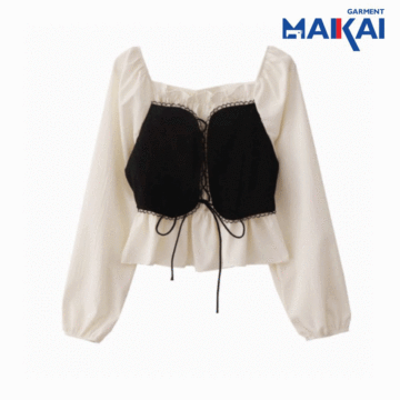 Top de moda de manga larga con cuello cuadrado retro francés