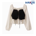 Top de moda de manga larga de cuello cuadrado francés